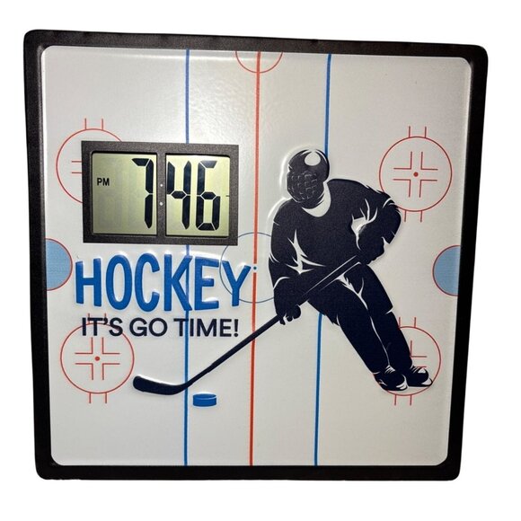 Hockey Rink Themed Digital Wall Clock Skating Player It's Go Time  Tin  12 x 12" - Picture 1 of 5